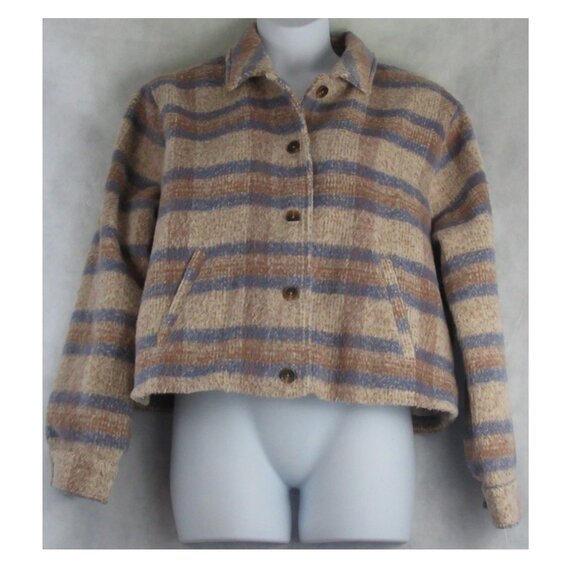 And Now This Women's Cropped Eyelash Shirt Jacket Shacket, Beige Blue Plaid, XL - Picture 1 of 5